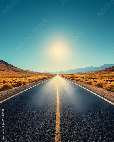 Wet Asphalt Road Leading to Horizon with Clear Sky and Sun Photo