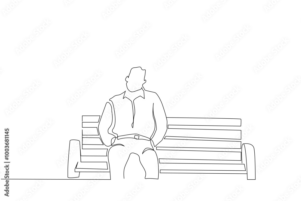 man sad unhappy park bench sitting waiting one line art design vector man sad unhappy park bench sitting waiting one line art design vector