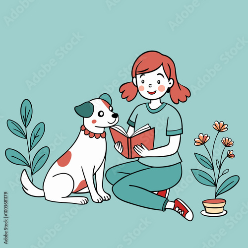Girl reading a book with a happy mood next to her dog in a cozy environment