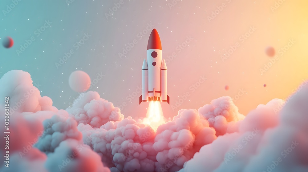 Fototapeta premium Launching new product or service. Technology development process. Space rocket launch. 3d render.
