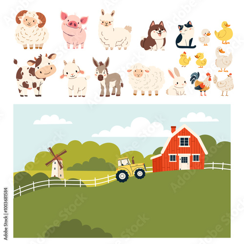 Set of flat vector illustration on white background. Domestic farm animals. Cow pig lamb sheep sheep horse dog cat goose duck hen rooster goat. Farm landscape. Animals are isolated on a white