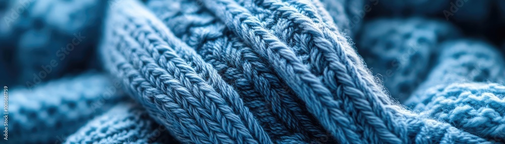 Close-up of a knitted fabric showcasing intricate patterns and soft blue hues, perfect for textile and fashion themes. Close-up of a knitted fabric showcasing intricate patterns and soft blue hues, perfect for textile and fashion themes.