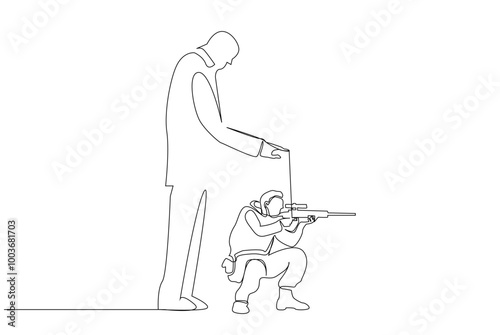secret mastermind evil human military humanity to manage manipulate weapon industry one line art design vector