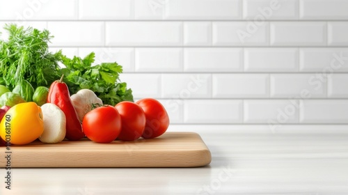 A wooden cutting board with a variety of vegetables on it, AI