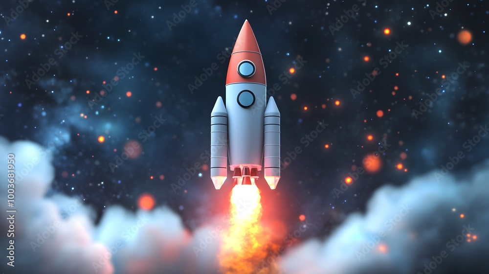 Fototapeta premium Launching new product or service. Technology development process. Space rocket launch. 3d render.