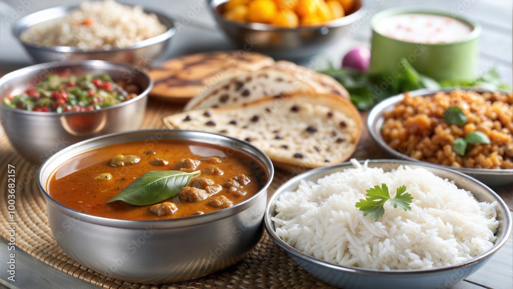 Assorted Indian Food for Lunch or Dinner: Rice, Lentils, Paneer, Dal Makhani, Naan, Chutney, and Spices Over a Moody Background, Selective Focus
Assorted Indian Food for Lunch or Dinner: Rice, Lentils, Paneer, Dal Makhani, Naan, Chutney, and Spices Over a Moody Background, Selective Focus
