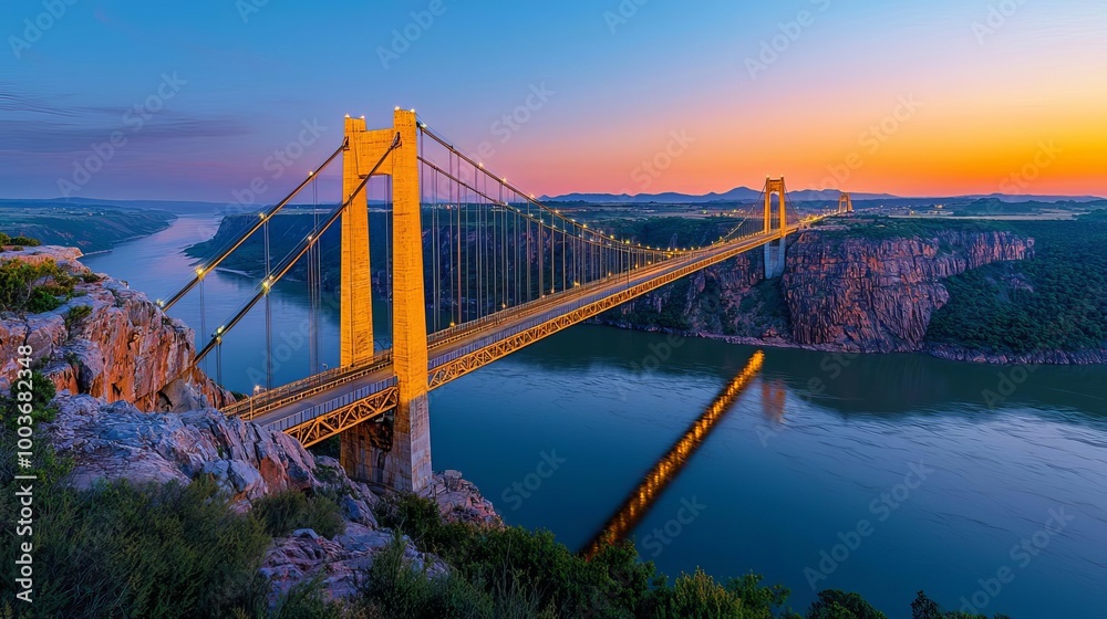 Fototapeta premium Scenic sunset view of a majestic suspension bridge over a river.