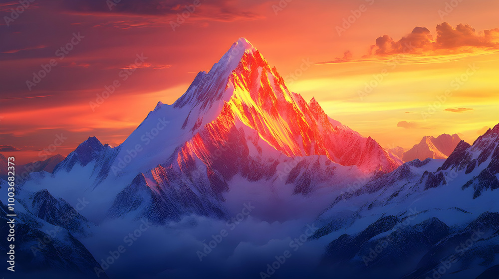 Snowy Mountain Peak at Sunset - Realistic Landscape Illustration Snowy Mountain Peak at Sunset - Realistic Landscape Illustration