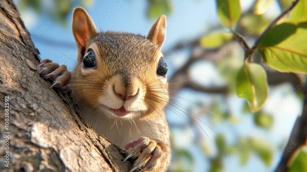 A close up of a squirrel peeking out from behind the tree, AI A close up of a squirrel peeking out from behind the tree, AI