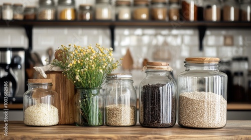 Cozy Kitchen Pantry with Jars of Grains and Spices