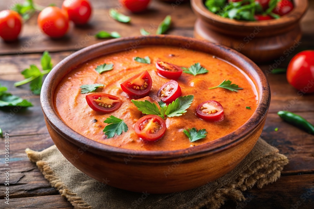 Closeup shot of a delicious Tomato Buttermilk Curry served in a rustic clay bowl with its vibrant red color and creamy texture reflected to create an eye catching image, traditional Closeup shot of a delicious Tomato Buttermilk Curry served in a rustic clay bowl with its vibrant red color and creamy texture reflected to create an eye catching image, traditional
