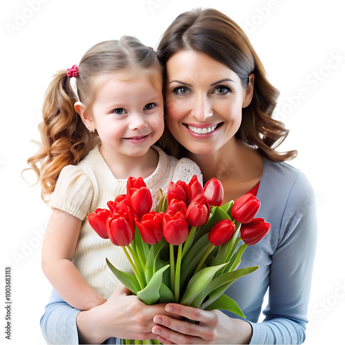 Happy woman and her adorable little daughter isolated on white background