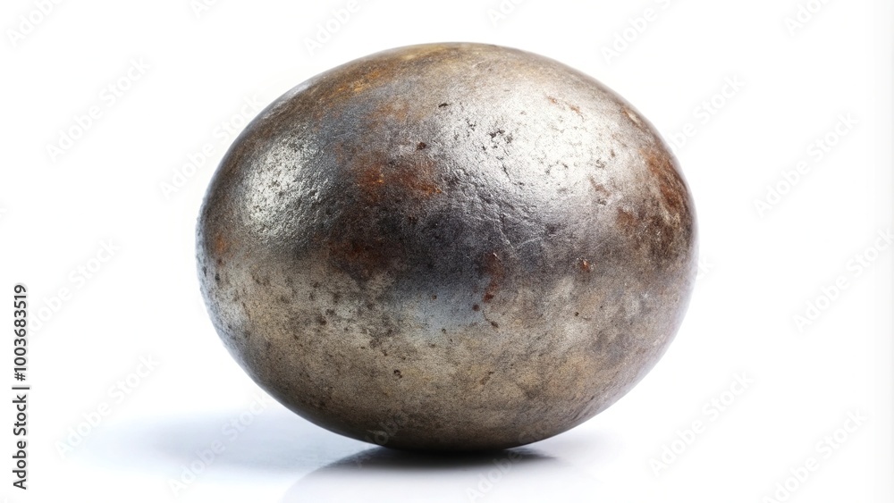 Fototapeta premium Weathered metal shot put ball isolated on white background extreme close-up
