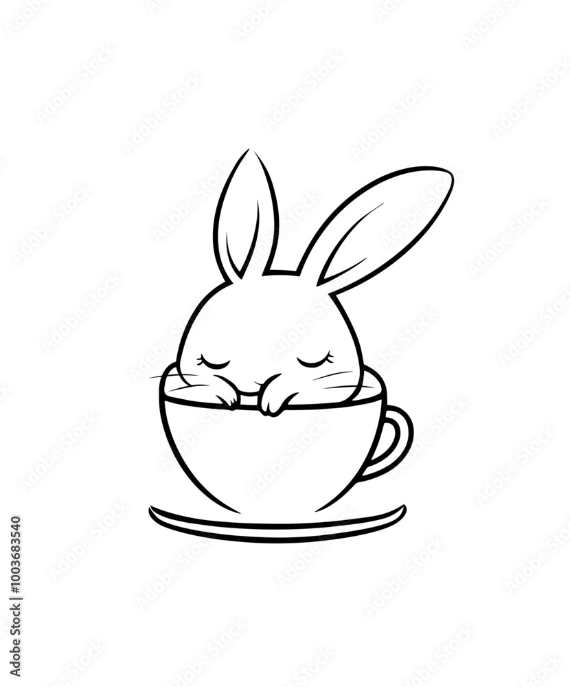 Fototapeta premium Little bunny sleeping in a coffee cup. Vector illustration logo for a coffee shop or a cafe, minimalist line drawing art style. 