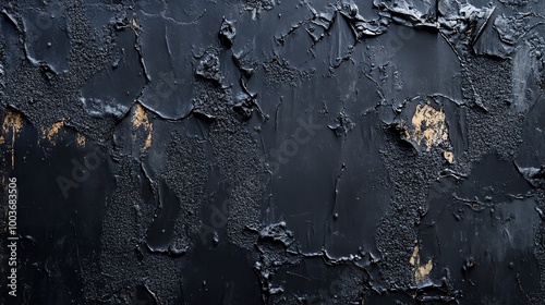 A textured black wall with layers of paint peeling off, showcasing a dramatic and weathered appearance perfect for artistic backgrounds.