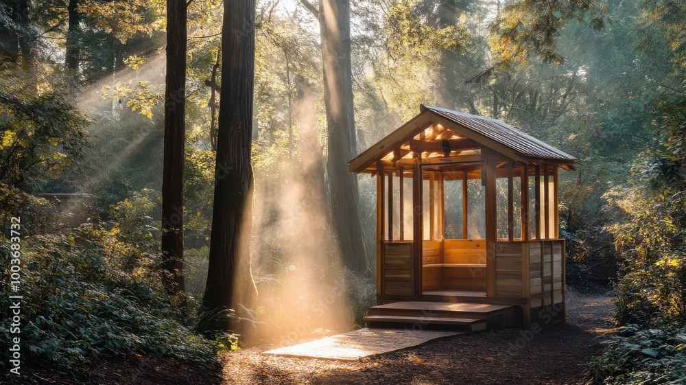 Cozy wooden cabin surrounded by tall trees and soft light, serene forest setting. Cozy wooden cabin surrounded by tall trees and soft light, serene forest setting.