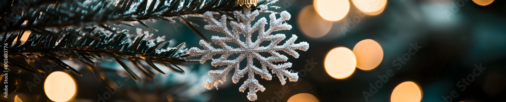 Horizontal Close-Up of a Snowflake Ornament Hanging on a Christmas Tree Branch with Soft, Out-of-Focus Christmas Lights in the Background, Capturing the Festive Spirit and Holiday Cheer. Horizontal Close-Up of a Snowflake Ornament Hanging on a Christmas Tree Branch with Soft, Out-of-Focus Christmas Lights in the Background, Capturing the Festive Spirit and Holiday Cheer.