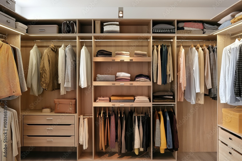Large wardrobe with numerous clothes in spacious dressing room. Closet with hanging garments, shelves, storage racks for accessories, shoes. Comfortable, organized space for choosing outfits. Large wardrobe with numerous clothes in spacious dressing room. Closet with hanging garments, shelves, storage racks for accessories, shoes. Comfortable, organized space for choosing outfits.