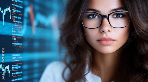 A businesswoman executive in deep thought, surrounded by floating digital interfaces showing real-time analytics and futuristic data projections,