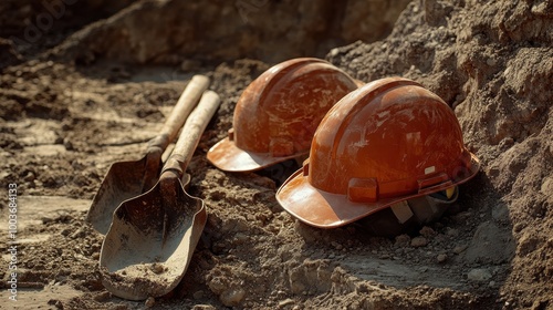 Construction Site Safety Equipment: Hard Hats and Shovel on Soil