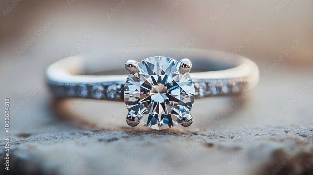close-up of an engagement ring. The ring features a large, round, brilliant-cut diamond set in the center with a classic prong setting. The band of the ring is adorned with smaller diamonds close-up of an engagement ring. The ring features a large, round, brilliant-cut diamond set in the center with a classic prong setting. The band of the ring is adorned with smaller diamonds