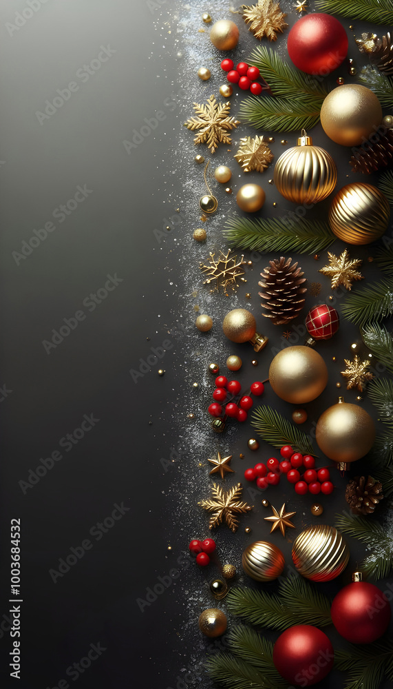 Beautiful Christmas composition on a black background In red and gold colors Beautiful Christmas composition on a black background In red and gold colors