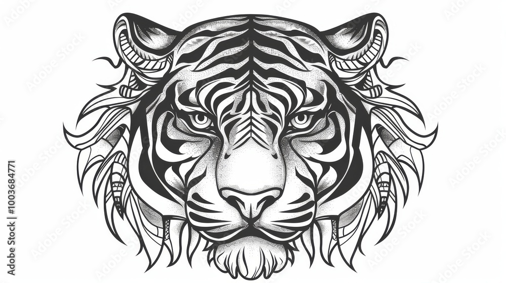 Detailed black and white illustration of a tiger's face with tribal design elements, showcasing intricate patterns and bold lines. Detailed black and white illustration of a tiger's face with tribal design elements, showcasing intricate patterns and bold lines.