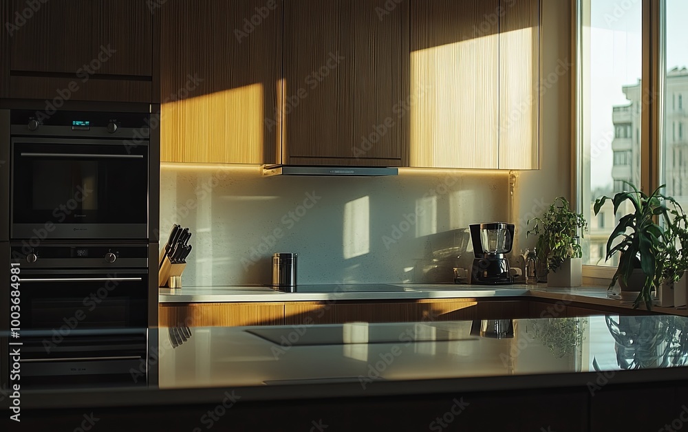 A modern kitchen with warm lighting, showcasing sleek cabinetry, a countertop, and a few kitchen appliances and plants. A modern kitchen with warm lighting, showcasing sleek cabinetry, a countertop, and a few kitchen appliances and plants.