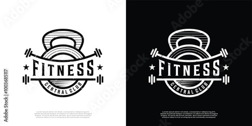Retro fitness badge logo design illustration. Sport fitness center emblem logo template.