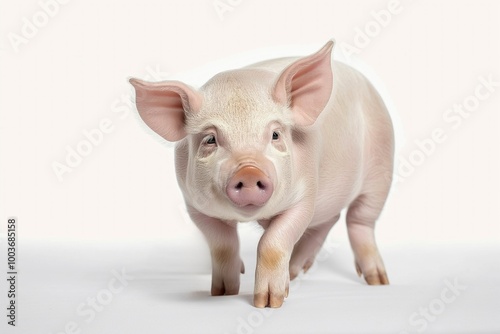 Baby pig on white background, cute domesticated farm animal. Adorable creature with pink snout, small tail, and hairy fur. Young mammal in isolated environment, rural countryside setting.