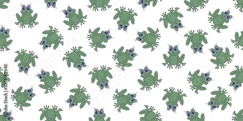 Frog seamless pattern. Flat style endless background with cute frog. Vector wallpaper textile fabric children's bed linen print template design. EPS 10