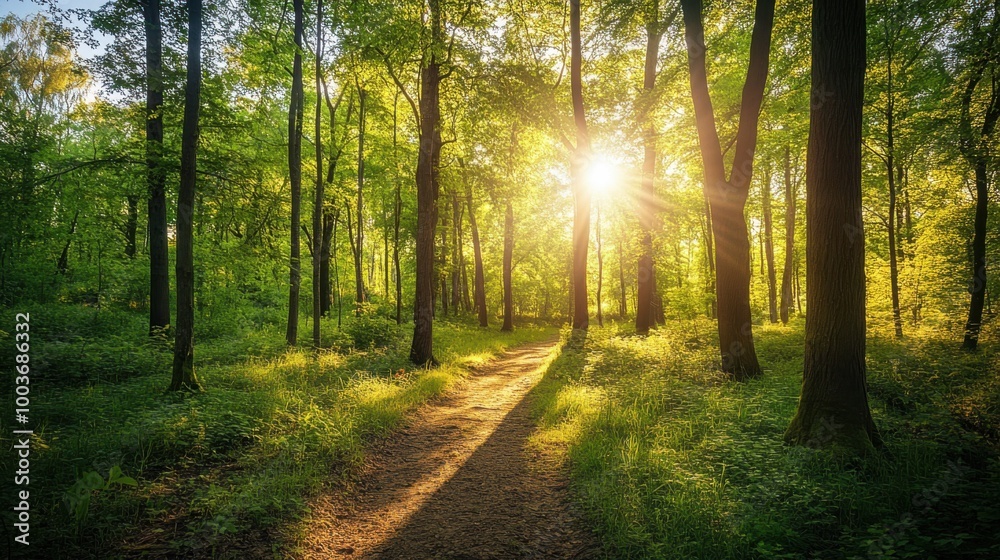 Obraz premium Wide-angle shot of a peaceful forest with sun-dappled trees and a well-trodden path leading
