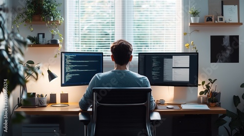 A focused individual working at dual monitors in a modern workspace.