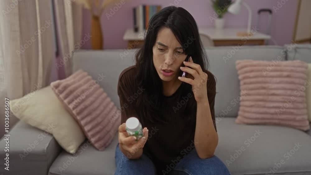 Woman talking on phone in living room holding pill bottle with concern, sitting on couch surrounded by cushions in cozy home setting Woman talking on phone in living room holding pill bottle with concern, sitting on couch surrounded by cushions in cozy home setting