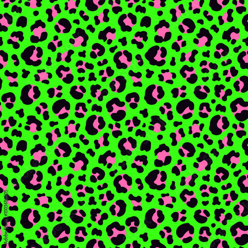  bold and vibrant neon green leopard seamless pattern with pink spots. Perfect for fashion, home decor, or any project needing a trendy and eye-catching design