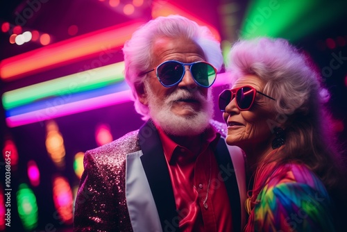 Bearded man and woman dressed in sequins and sunglasses enjoying vibrant neon lights at a New Year disco party.