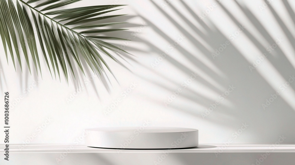 Minimalist Display with Palm Shadow on White Background Minimalist Display with Palm Shadow on White Background