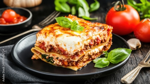 A close up of a plate with lasagna and tomatoes, AI