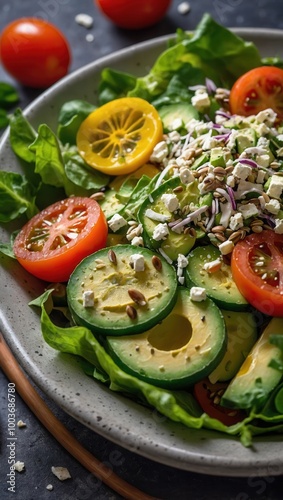 Fresh Salad with Cucumber, Tomatoes, Lettuce, and Feta Cheese in a Bowl