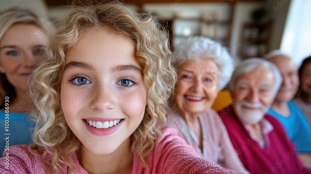 A group of a young girl smiling for the camera with her grandparents, AI A group of a young girl smiling for the camera with her grandparents, AI