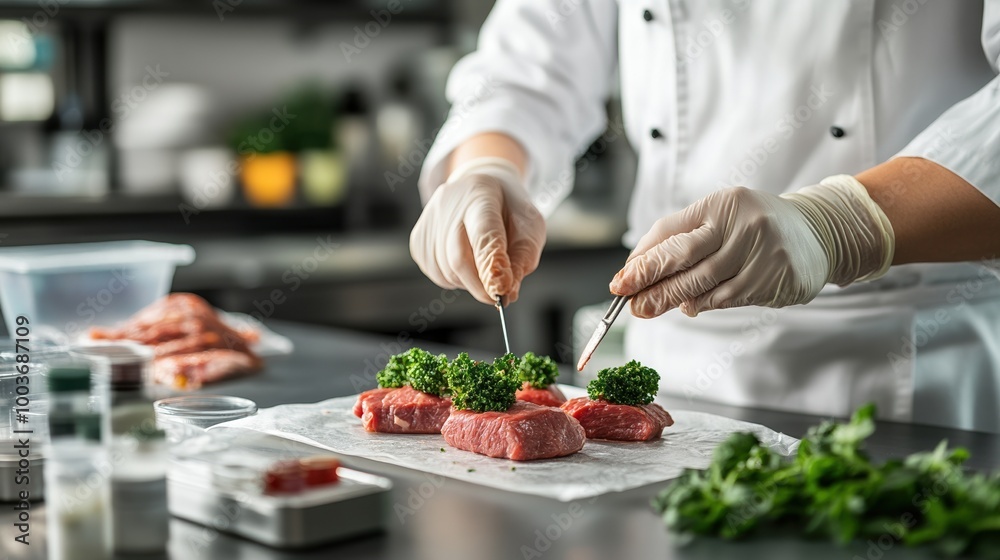 Chef preparing meat with herbs in modern kitchen, focus on culinary artistry. Chef preparing meat with herbs in modern kitchen, focus on culinary artistry.