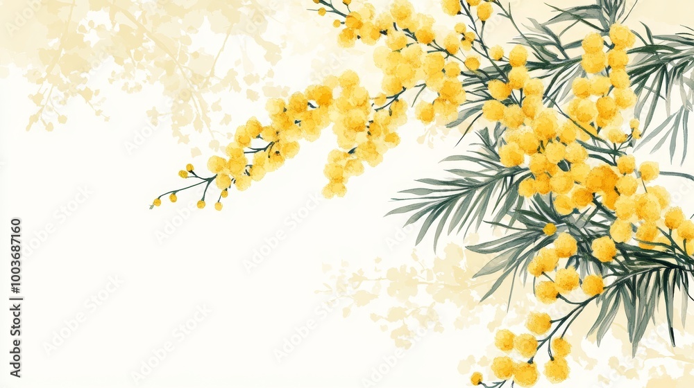 Vibrant yellow mimosa flowers elegantly arranged with delicate green leaves Vibrant yellow mimosa flowers elegantly arranged with delicate green leaves
