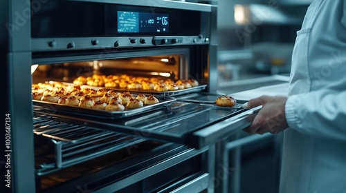 Chef removing baked goods from oven, steel trays, kitchen environment, culinary scene.