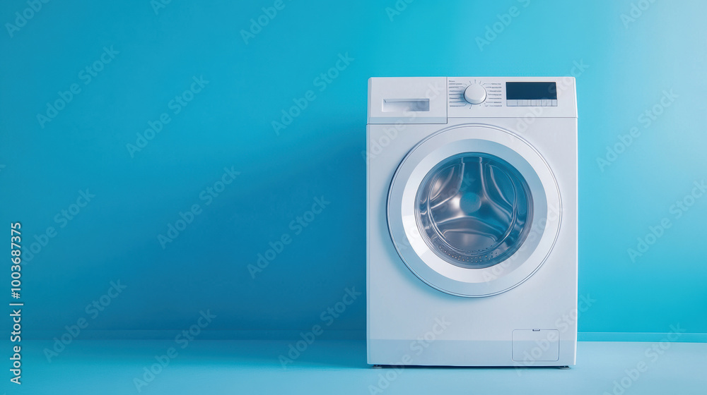 A white washing machine sitting on a blue wall against the background, AI A white washing machine sitting on a blue wall against the background, AI