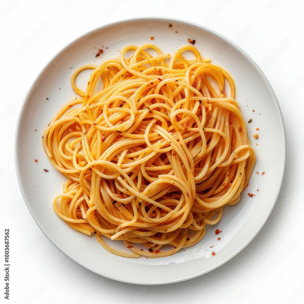A plate of slender spaghetti on a white background A plate of slender spaghetti on a white background