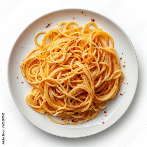 A plate of slender spaghetti on a white background