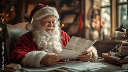 Santa reads letters from children at his desk and he is happy