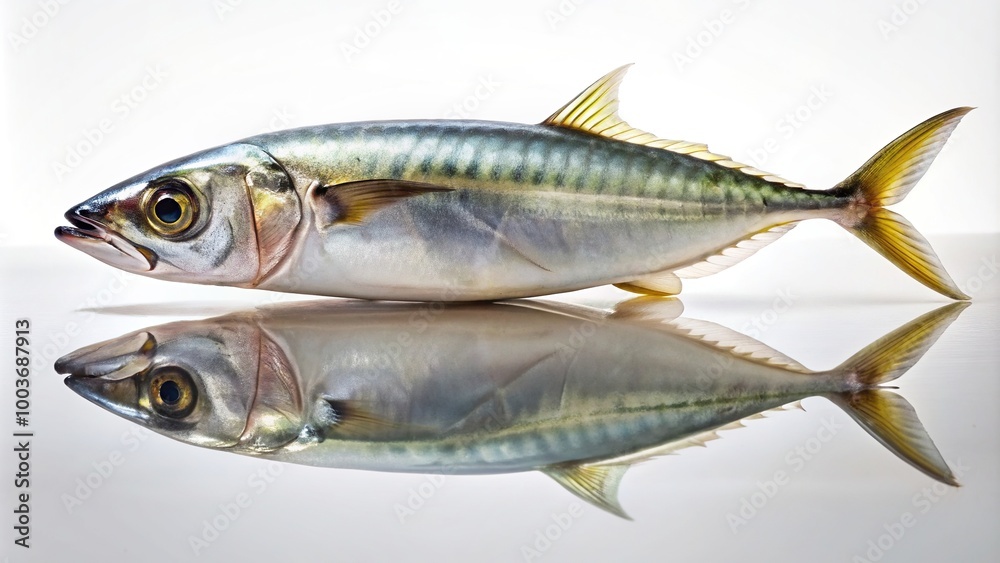 Fresh Atlantic horse mackerel fish on a white reflective surface, healthy, shimmering, marine, nutrition, aquatic, culinary, ocean, seafood market, seafood dish, seafood platter Fresh Atlantic horse mackerel fish on a white reflective surface, healthy, shimmering, marine, nutrition, aquatic, culinary, ocean, seafood market, seafood dish, seafood platter