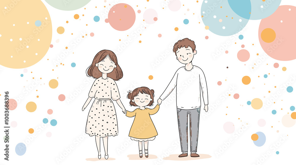 Happy Family Holding Hands Against Colorful Polka Dot Background With Copy Space Happy Family Holding Hands Against Colorful Polka Dot Background With Copy Space