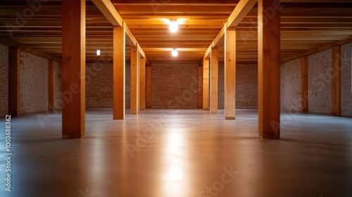 A room with a large empty space and some wooden beams, AI